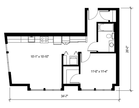 Floor plan for 1 bed, 1 bath, 679 sqft